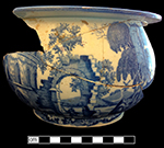 Pearlware chamberpot printed underglaze in medium blue.  8.50” rim diameter, 5.00” vessel height.